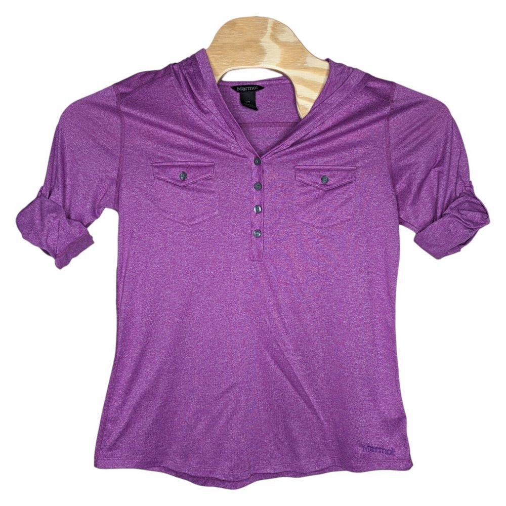 Marmot Womens Laura Hooded Button Shirt Large Purple Henley‎ Pullover Roll Tab - Picture 3 of 13